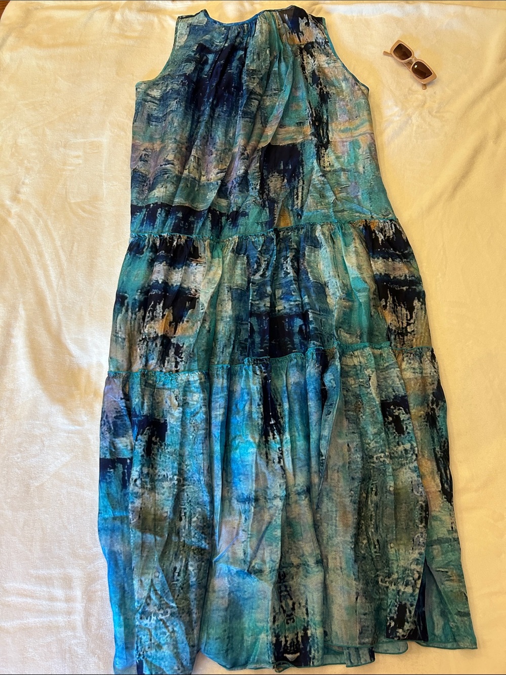 Johnny Was Sleeveless Blue Multi-Print Tiered Maxi Dress - Picture 6 of 7